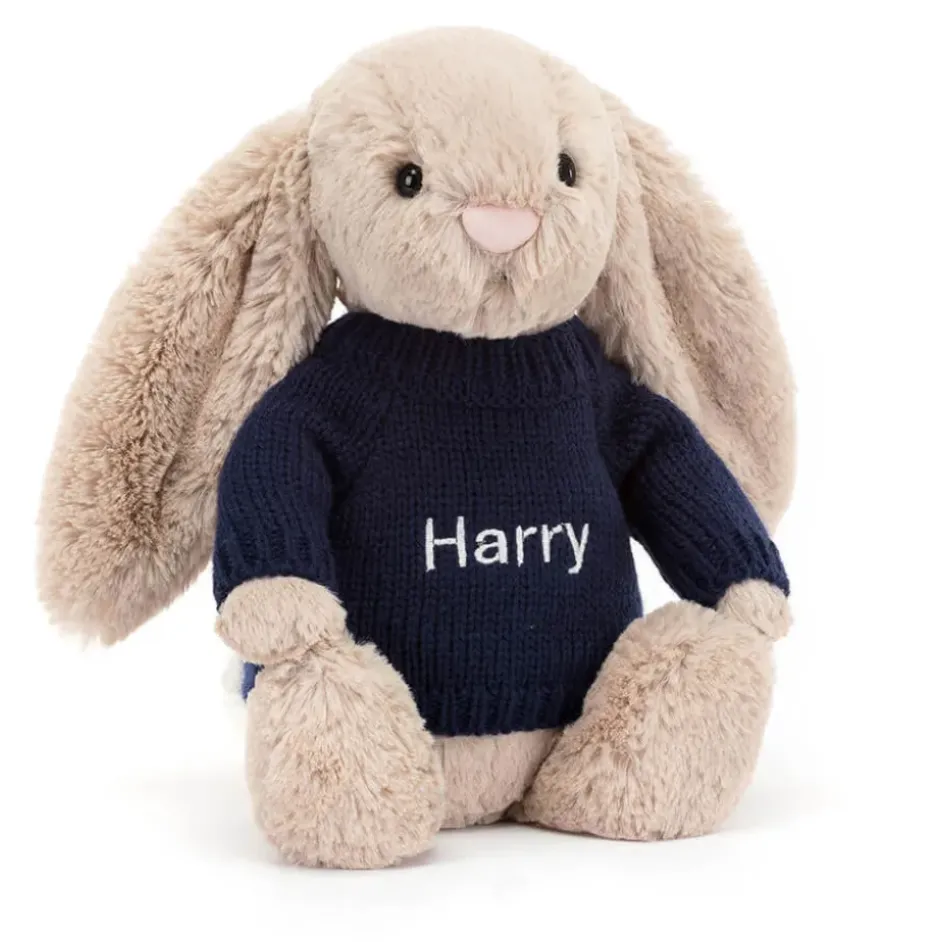 Bashful Beige Bunny with Personalised Navy Jumper