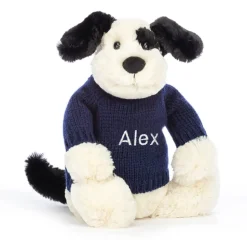 Bashful Black & Cream Puppy with Personalised Navy Jumper Sale