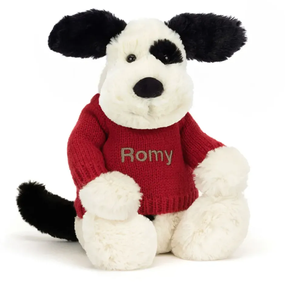 Bashful Black & Cream Puppy with Personalised Red Jumper
