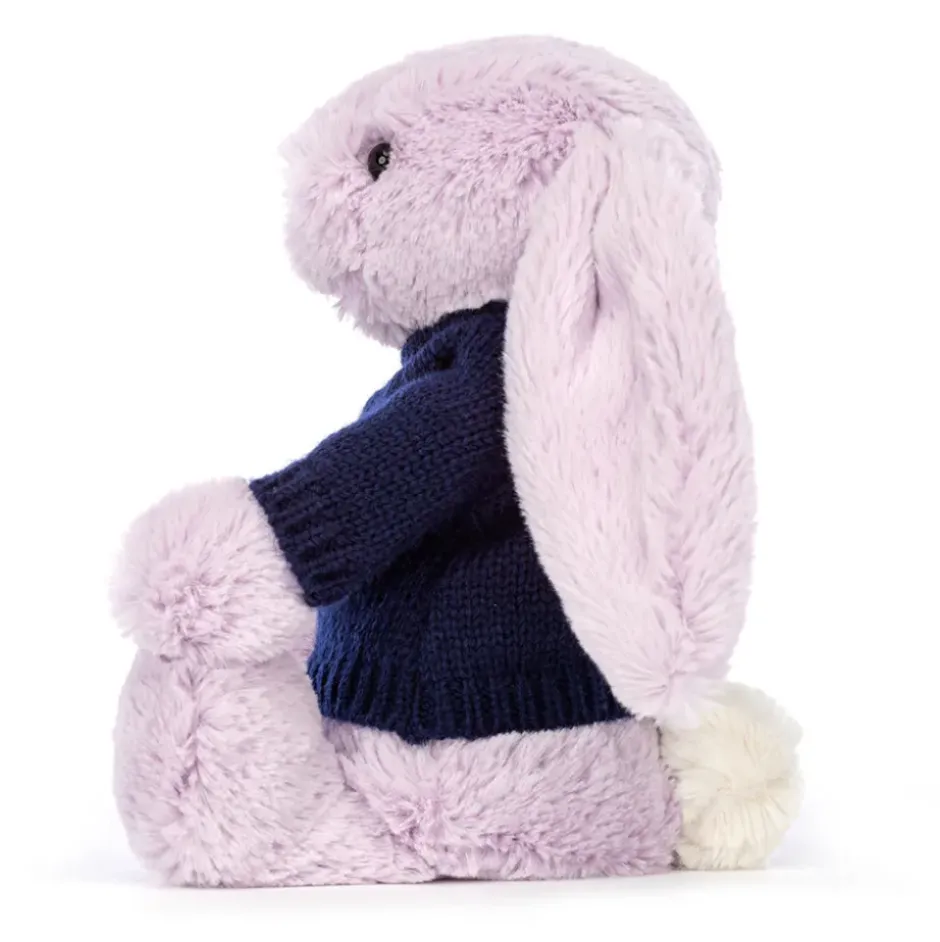 Bashful Lilac Bunny with Personalised Navy Jumper