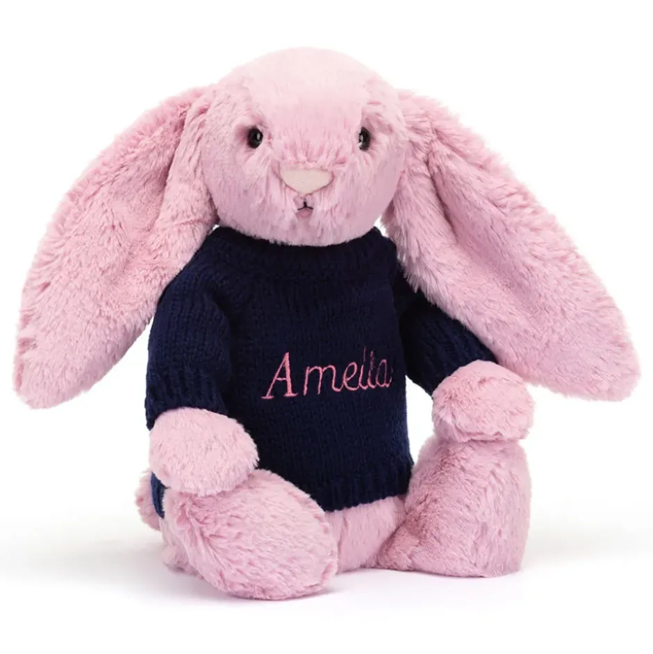 Bashful Tulip Pink Bunny with Personalised Navy Jumper Clearance